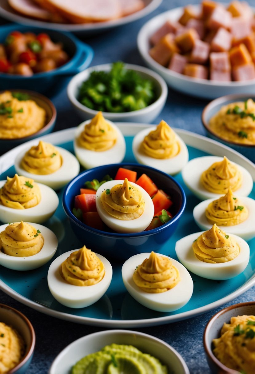 A platter of deviled eggs surrounded by 20 different side dishes for ham